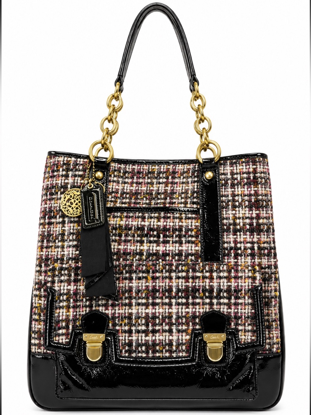 RARE COACH POPPY GALAXY TWEED TOTE PATENT LEATHER TRIM PUSHLOCK 2 TAGS & CHARM